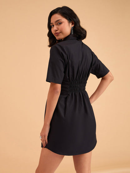 Black Smocked Pure Cotton Shirt Mini Dress