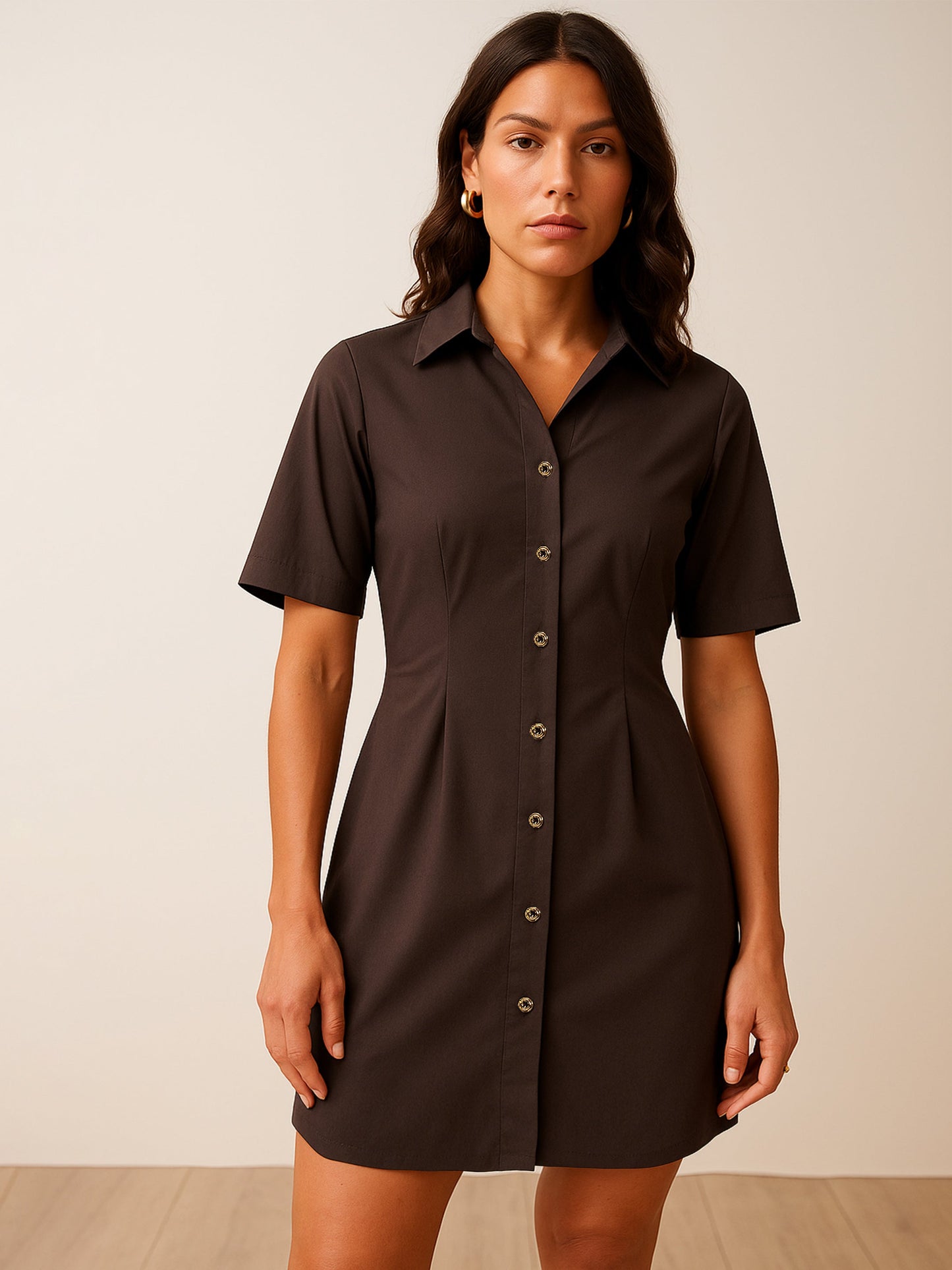 Brown Smocked Pure Cotton Shirt Mini Dress