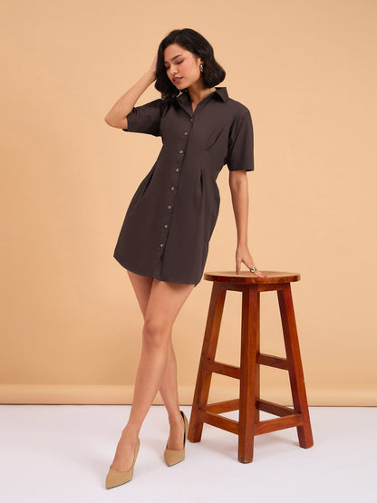 Brown Smocked Pure Cotton Shirt Mini Dress