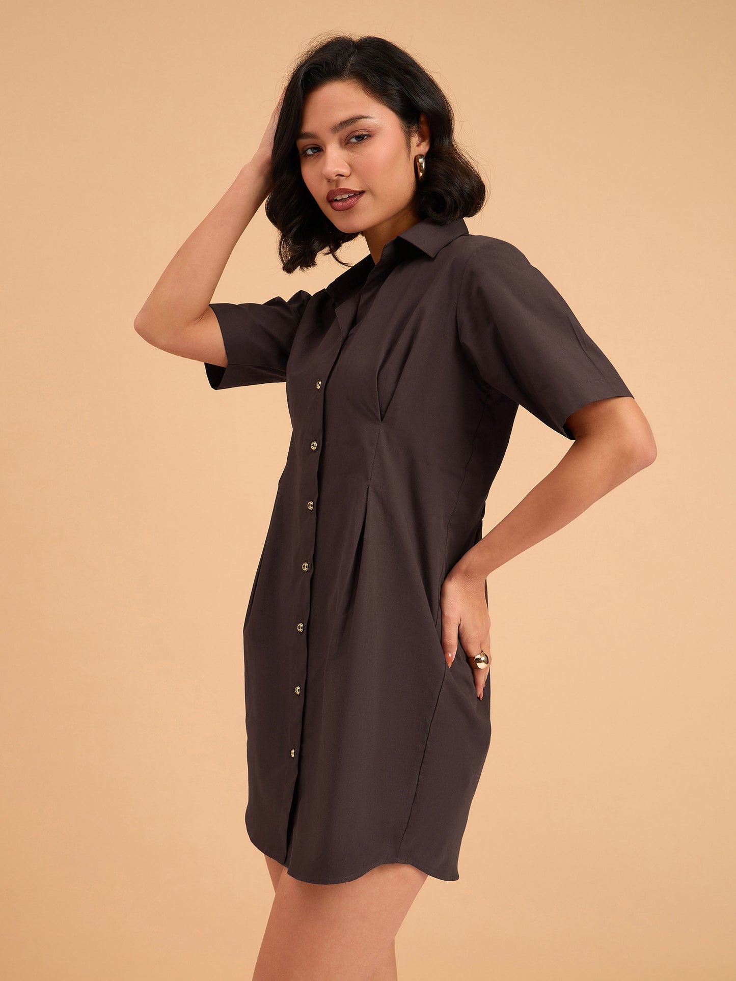 Brown Smocked Pure Cotton Shirt Mini Dress