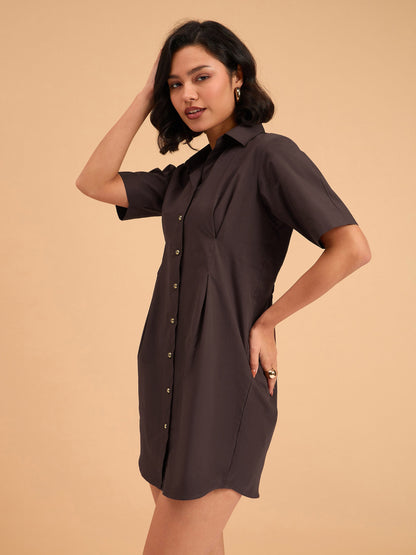 Brown Smocked Pure Cotton Shirt Mini Dress