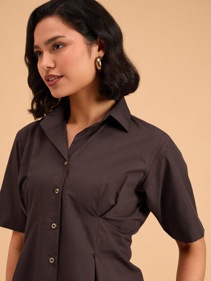Brown Smocked Pure Cotton Shirt Mini Dress