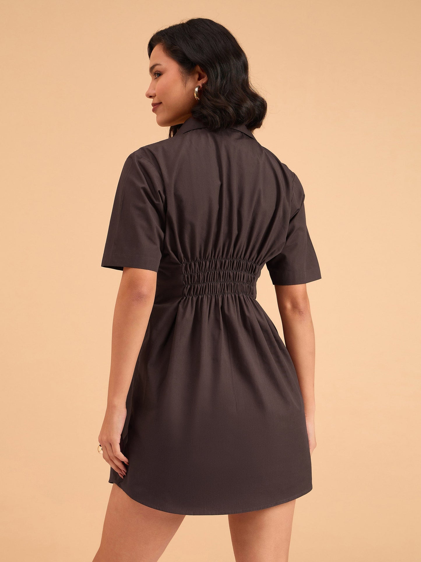 Brown Smocked Pure Cotton Shirt Mini Dress