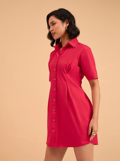 Red Smocked Pure Cotton Shirt Mini Dress