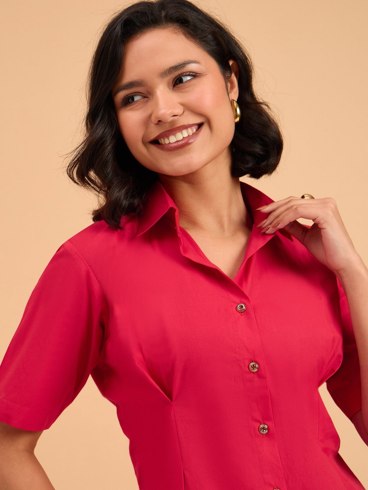 Red Smocked Pure Cotton Shirt Mini Dress
