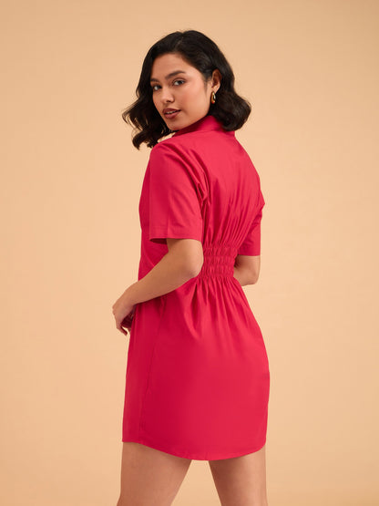 Red Smocked Pure Cotton Shirt Mini Dress