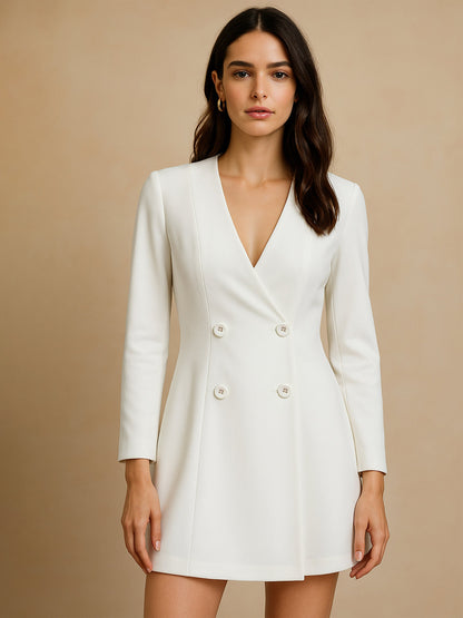 Women White Double Breasted Short Dress