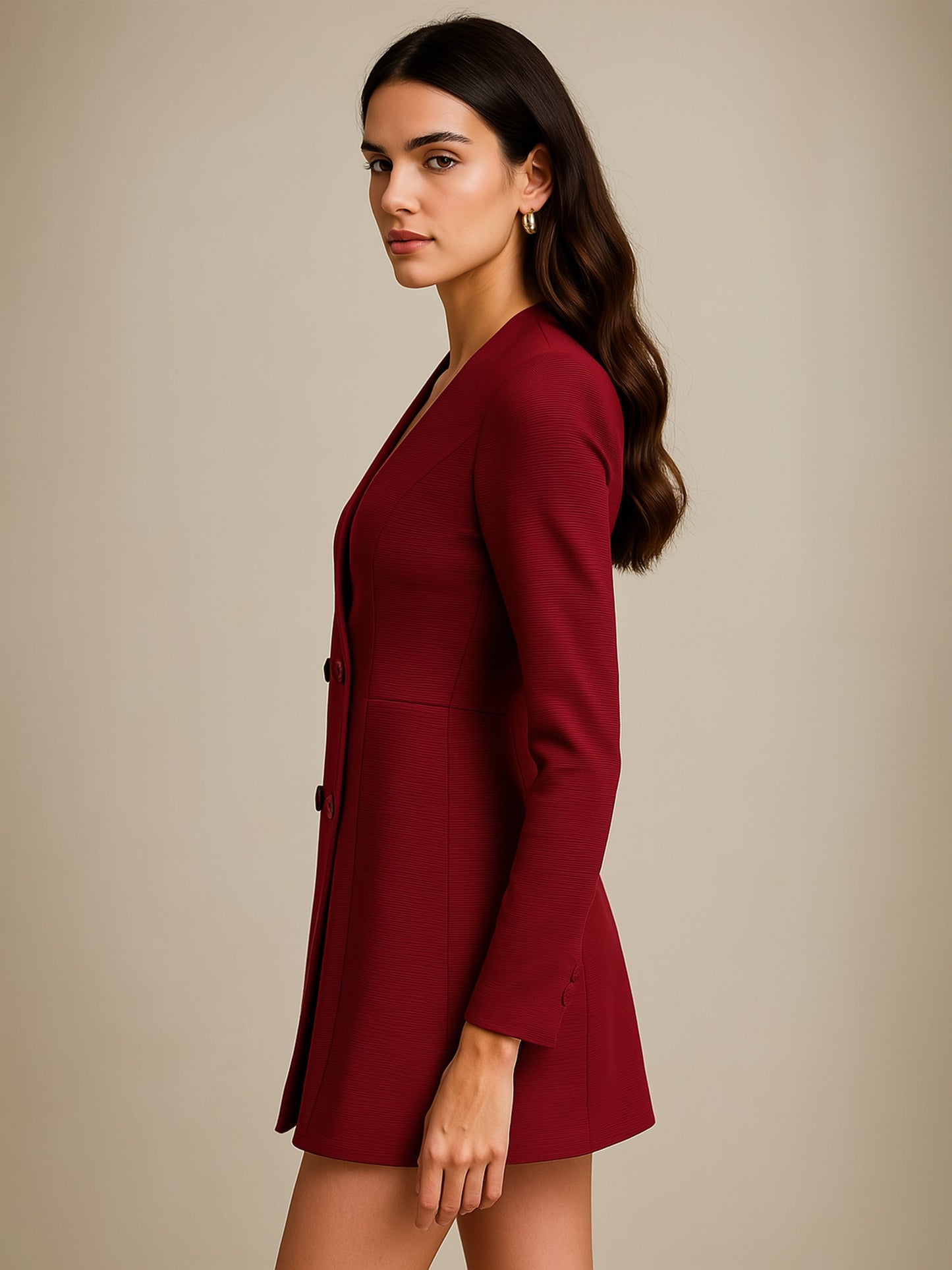 Women Maroon Double Breasted Short Dress