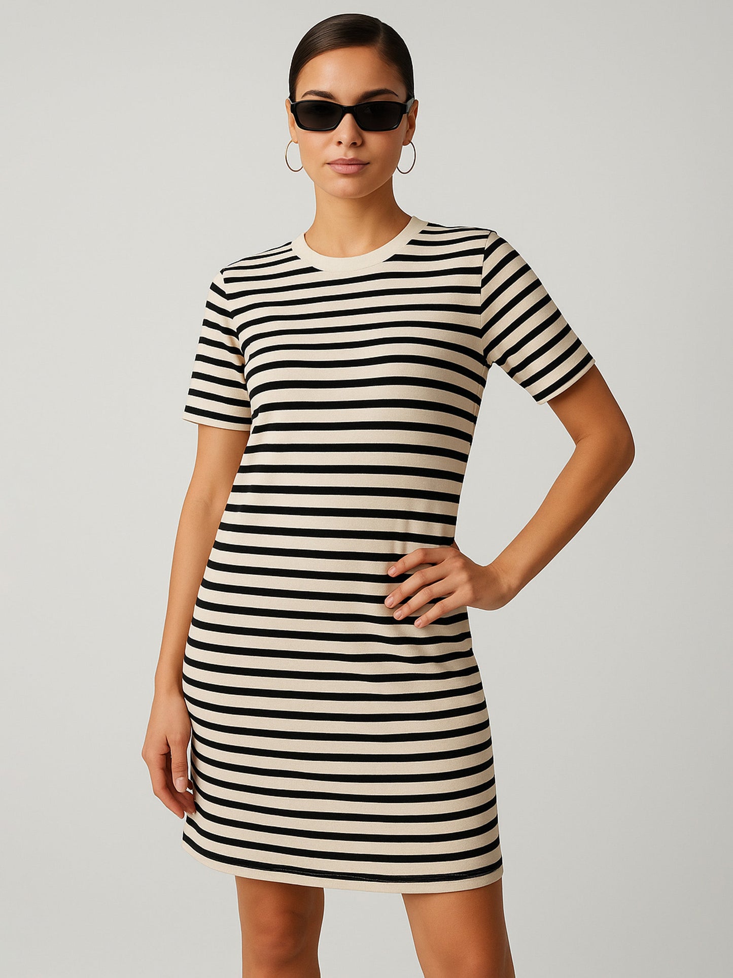 Black & Beige Stripe Short T-shirt Dress
