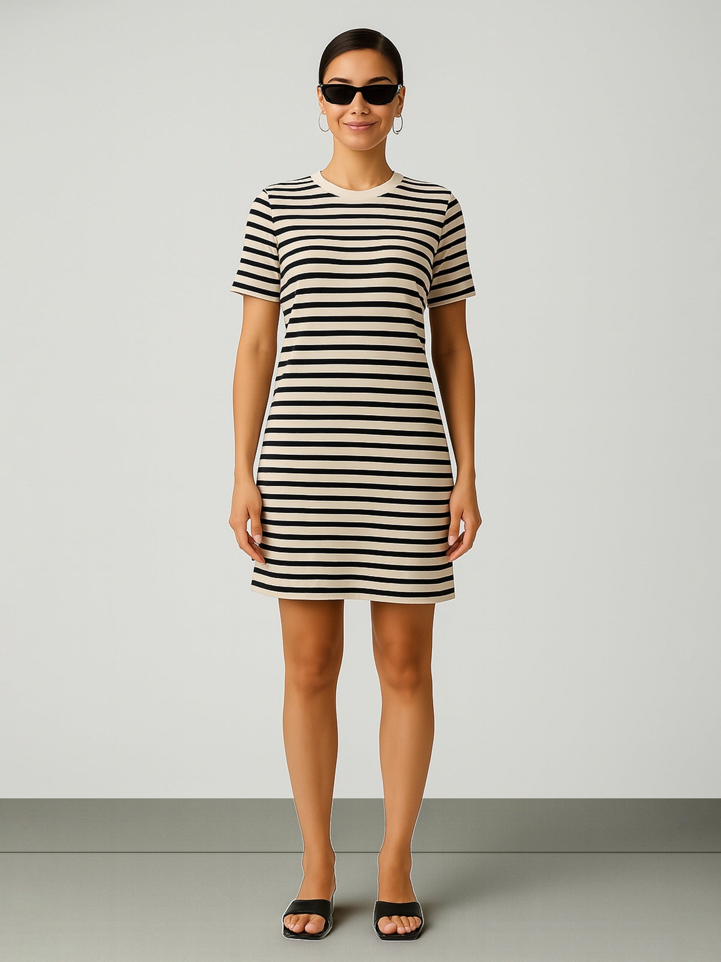 Black & Beige Stripe Short T-shirt Dress