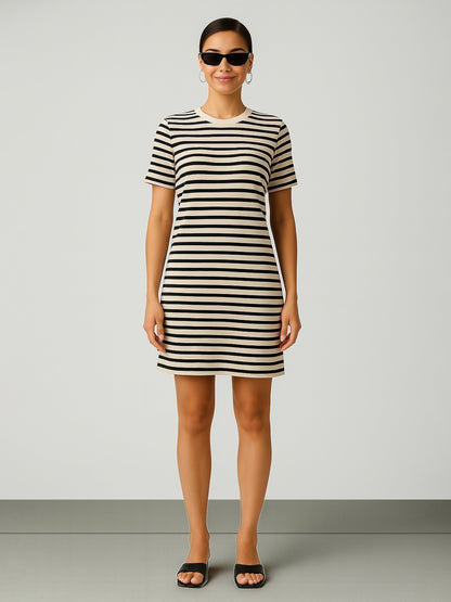 Black & Beige Stripe Short T-shirt Dress
