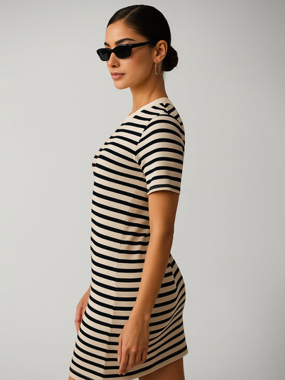 Black & Beige Stripe Short T-shirt Dress