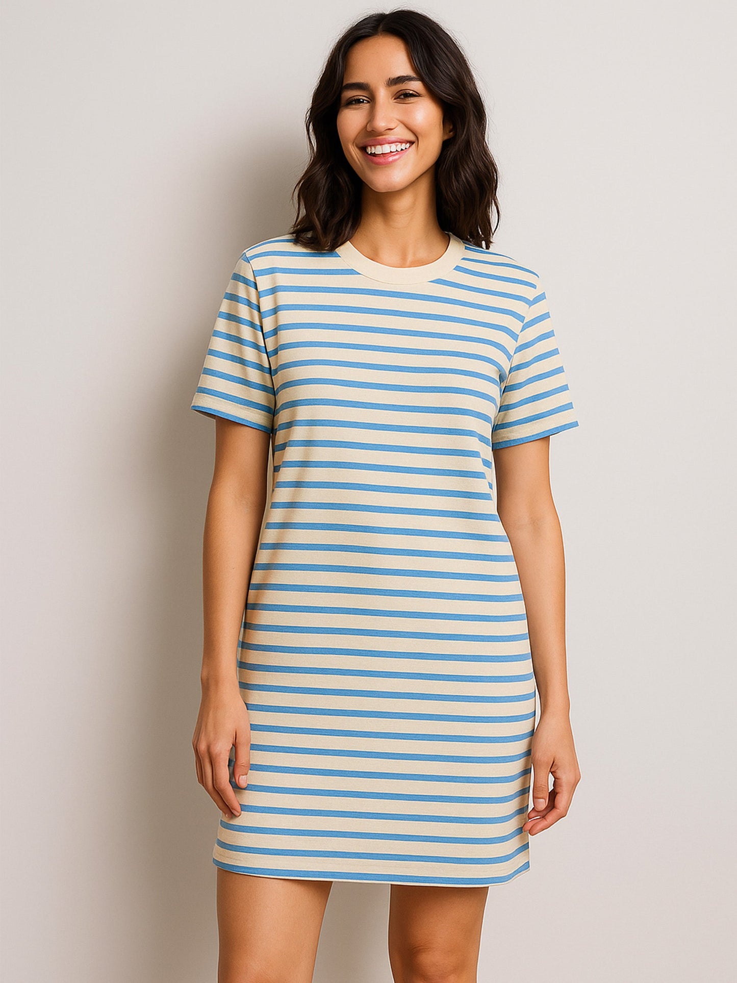 Blue & Beige Stripe Short T-shirt Dress