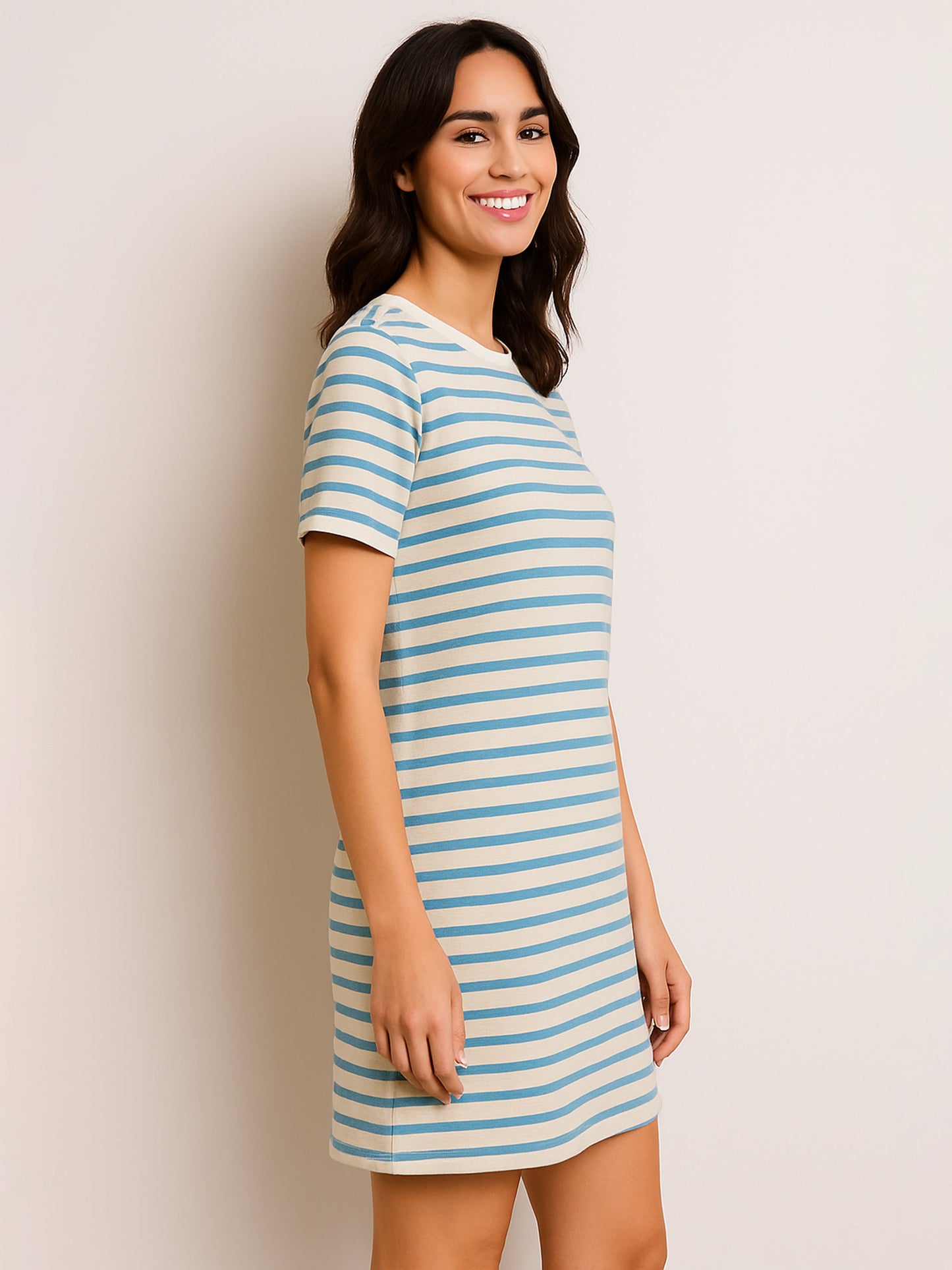 Blue & Beige Stripe Short T-shirt Dress