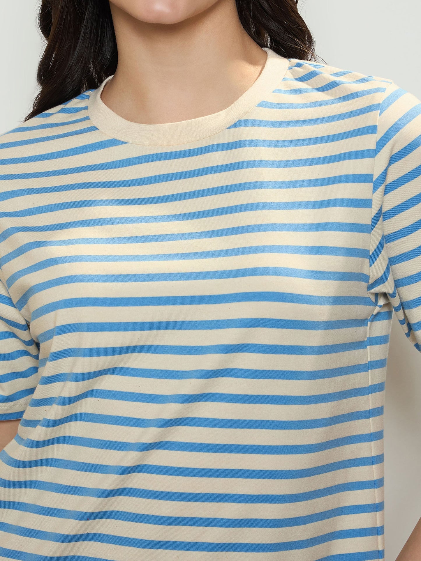 Blue & Beige Stripe Short T-shirt Dress