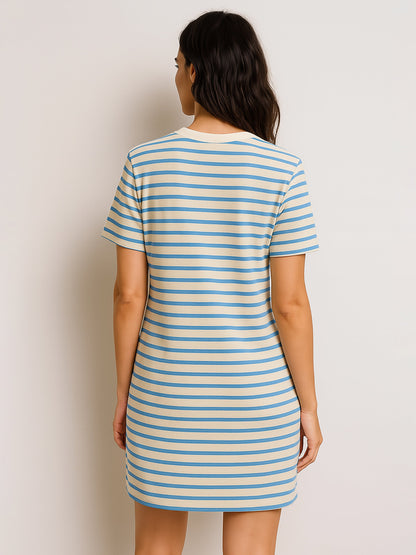 Blue & Beige Stripe Short T-shirt Dress