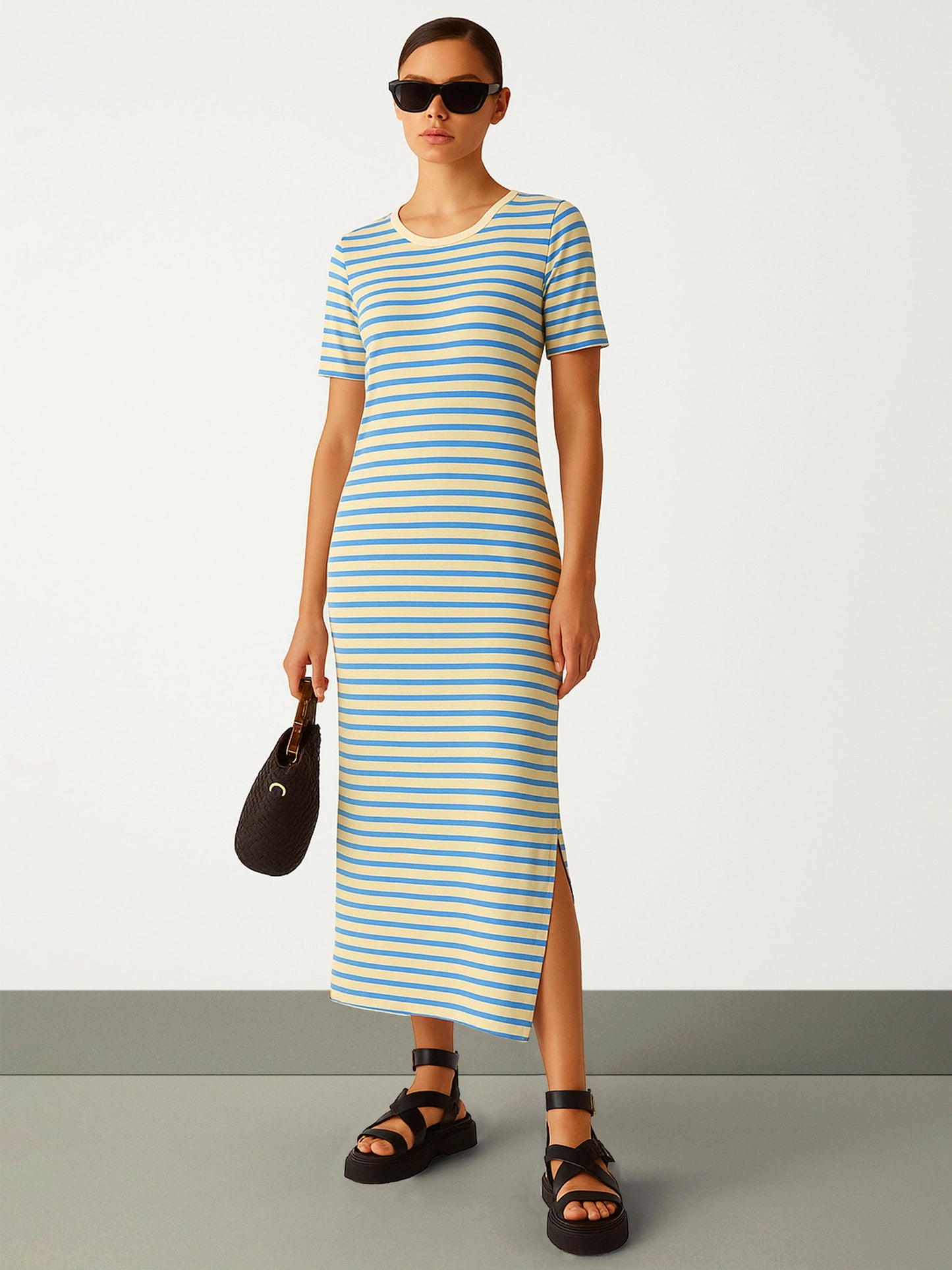 Blue & Beige Stripe T-shirt Maxi Dress
