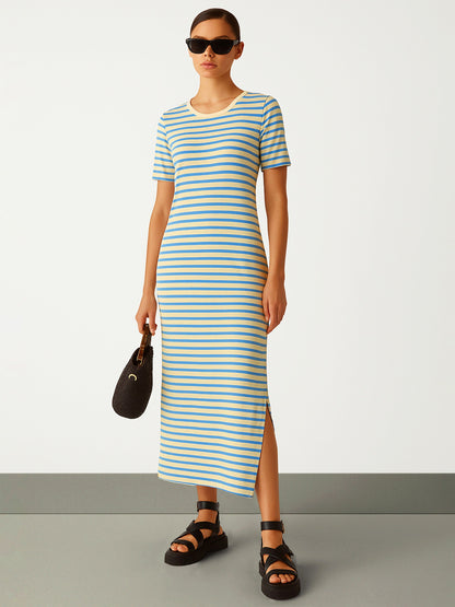 Blue & Beige Stripe T-shirt Maxi Dress