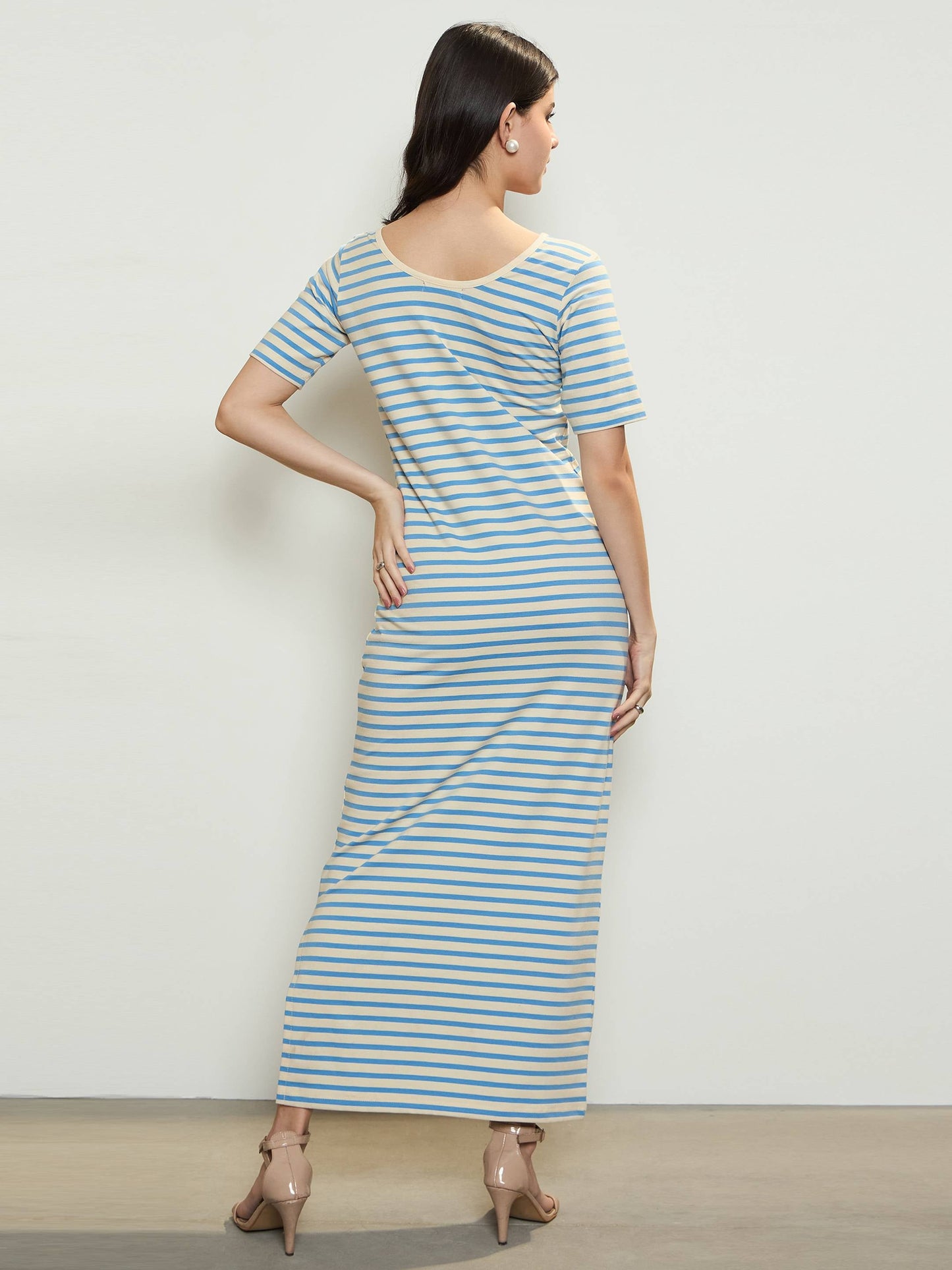Blue & Beige Stripe T-shirt Maxi Dress