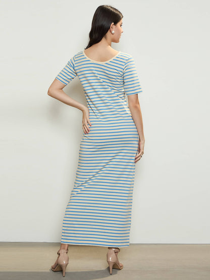 Blue & Beige Stripe T-shirt Maxi Dress