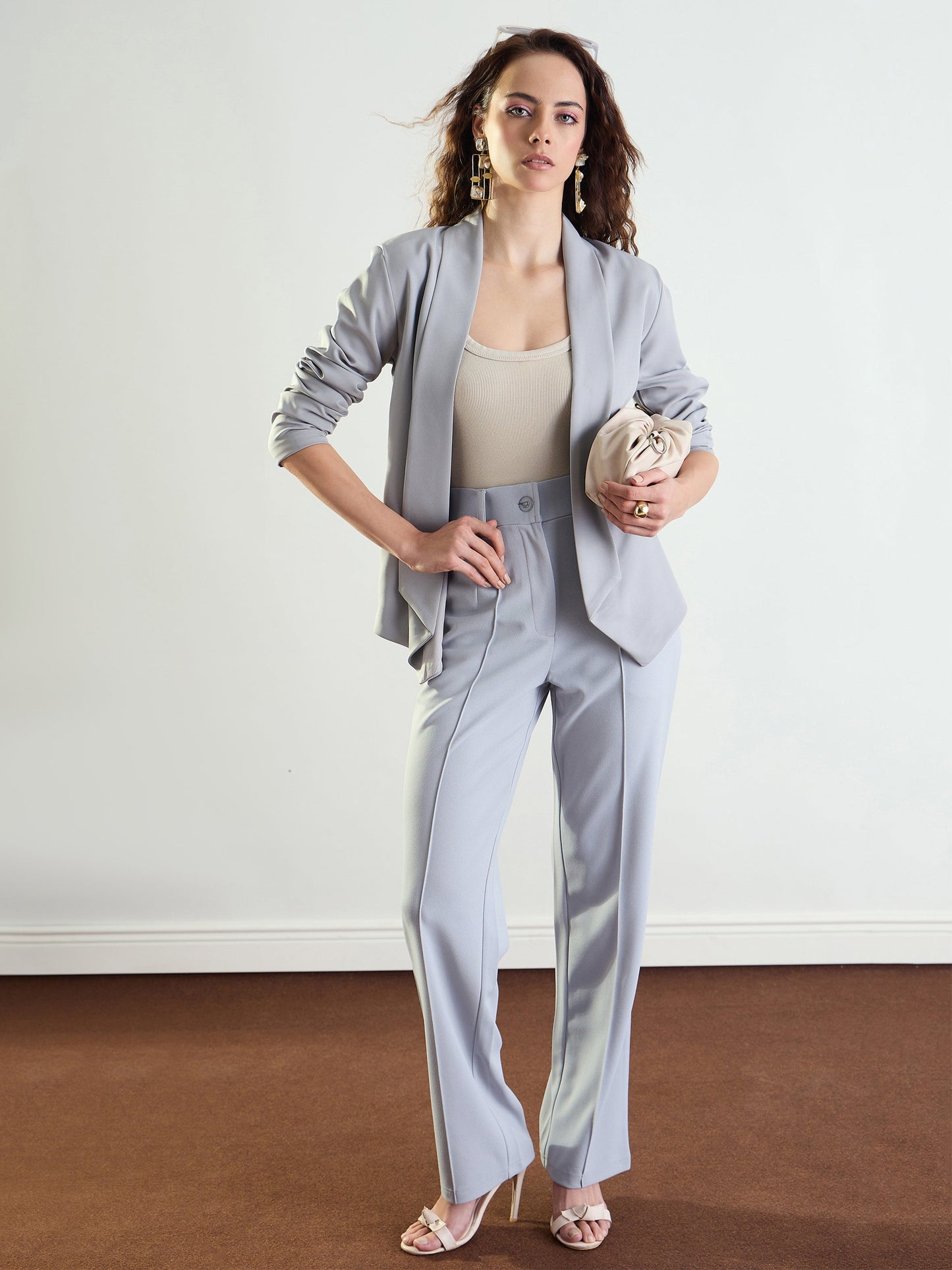 Women Grey Lapel Collar Front Open Blazer