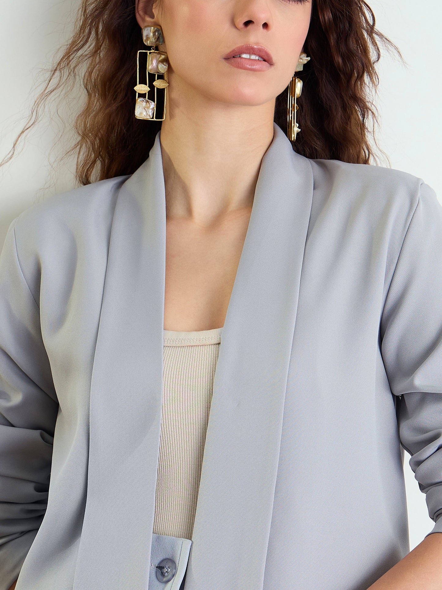 Women Grey Lapel Collar Front Open Blazer