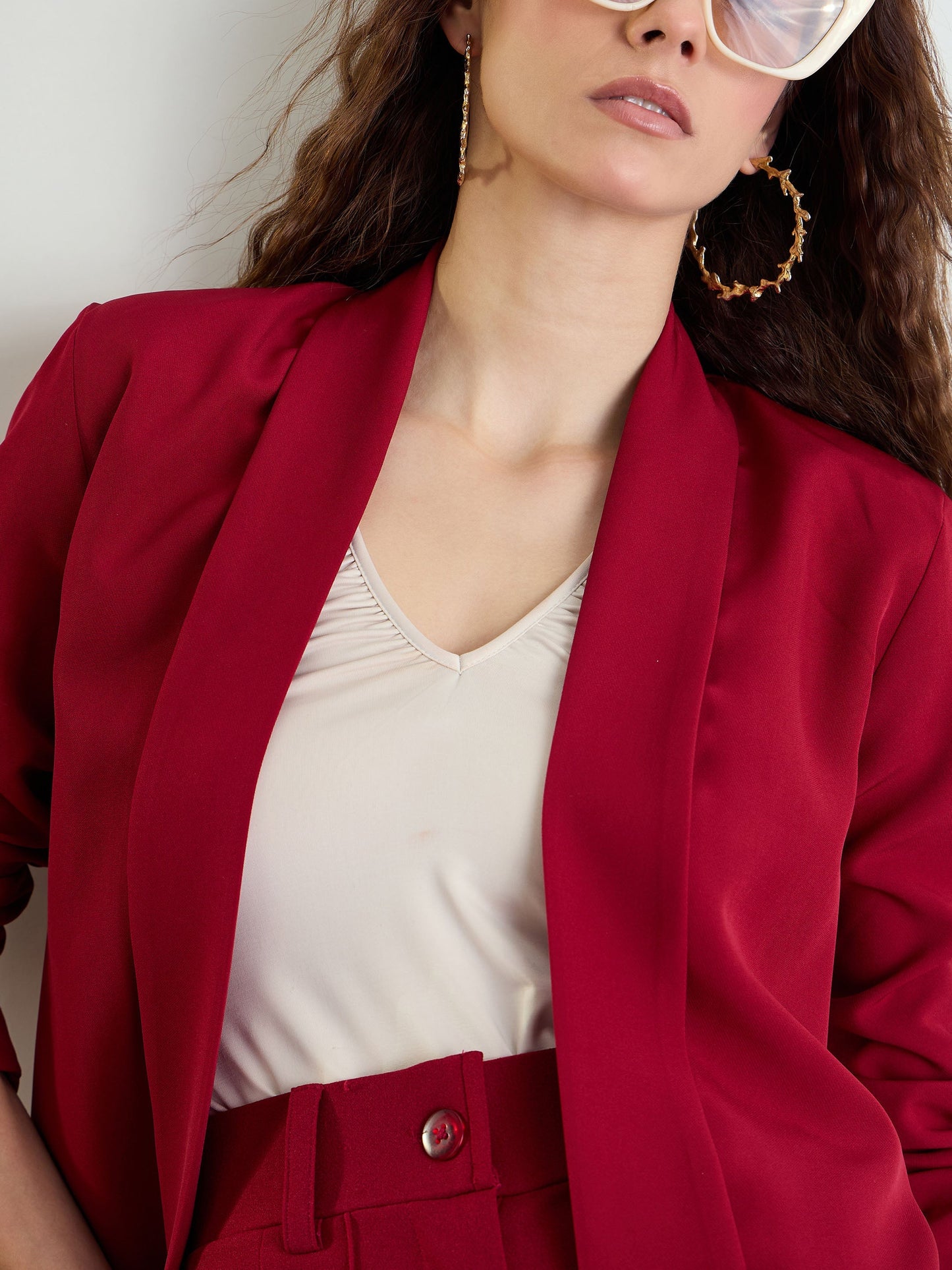 Women Maroon Lapel Collar Front Open Blazer