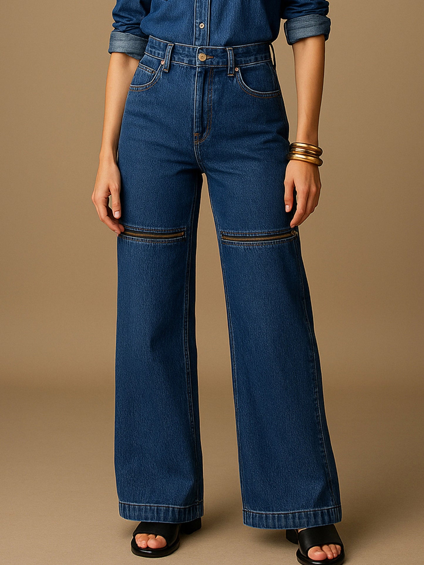 Blue Zipper Design Baggy Jeans