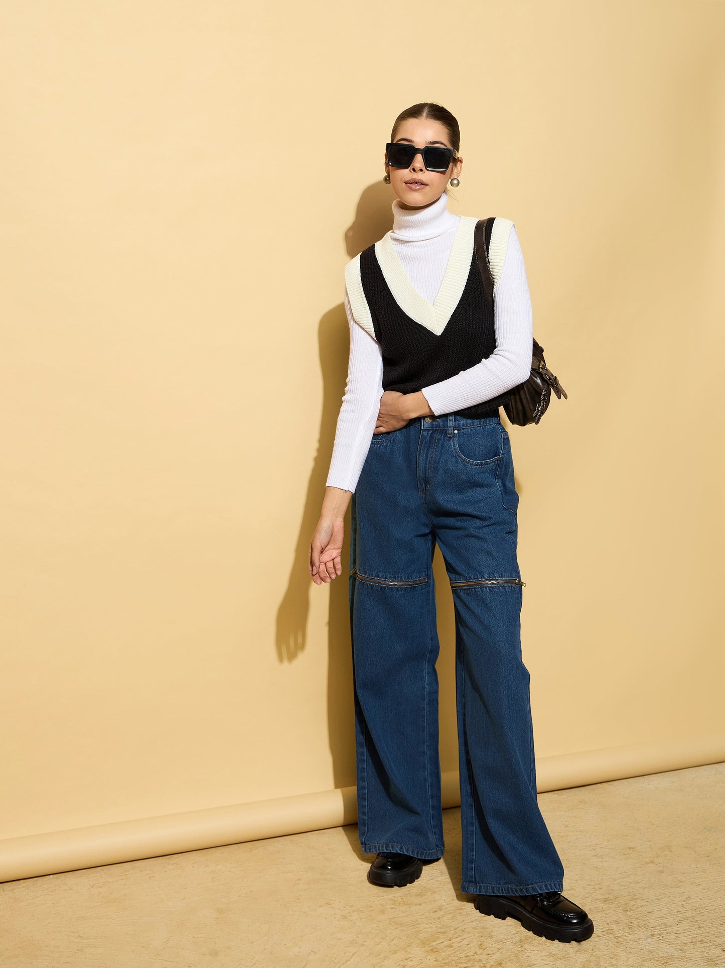 Blue Zipper Design Baggy Jeans