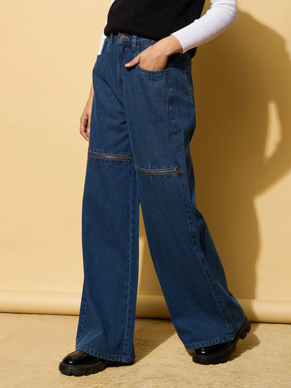 Blue Zipper Design Baggy Jeans