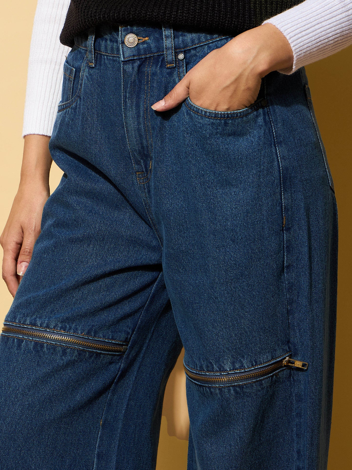 Blue Zipper Design Baggy Jeans