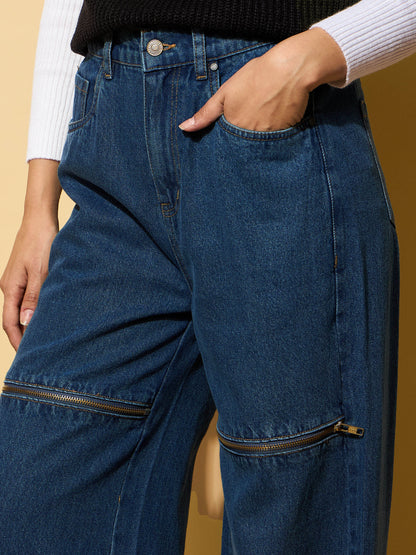 Blue Zipper Design Baggy Jeans