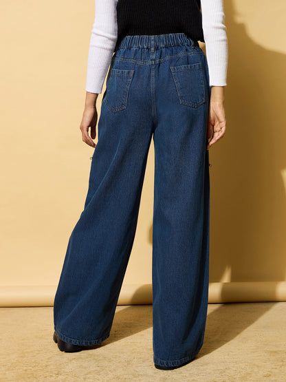 Blue Zipper Design Baggy Jeans