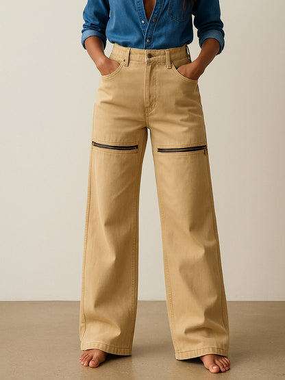 Beige Zipper Design Baggy Jeans