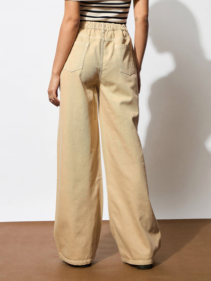 Beige Zipper Design Baggy Jeans