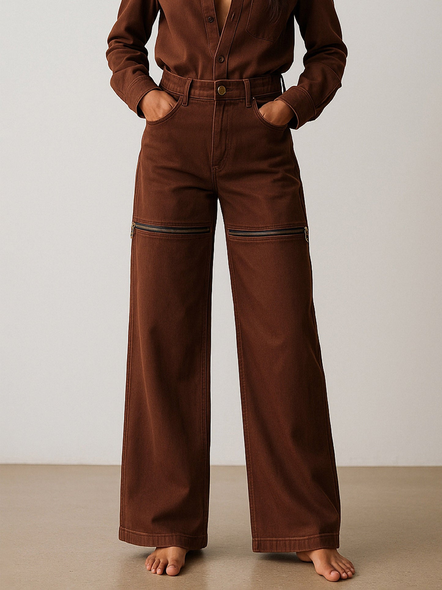 Brown Zipper Design Baggy Jeans