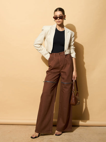 Brown Zipper Design Baggy Jeans