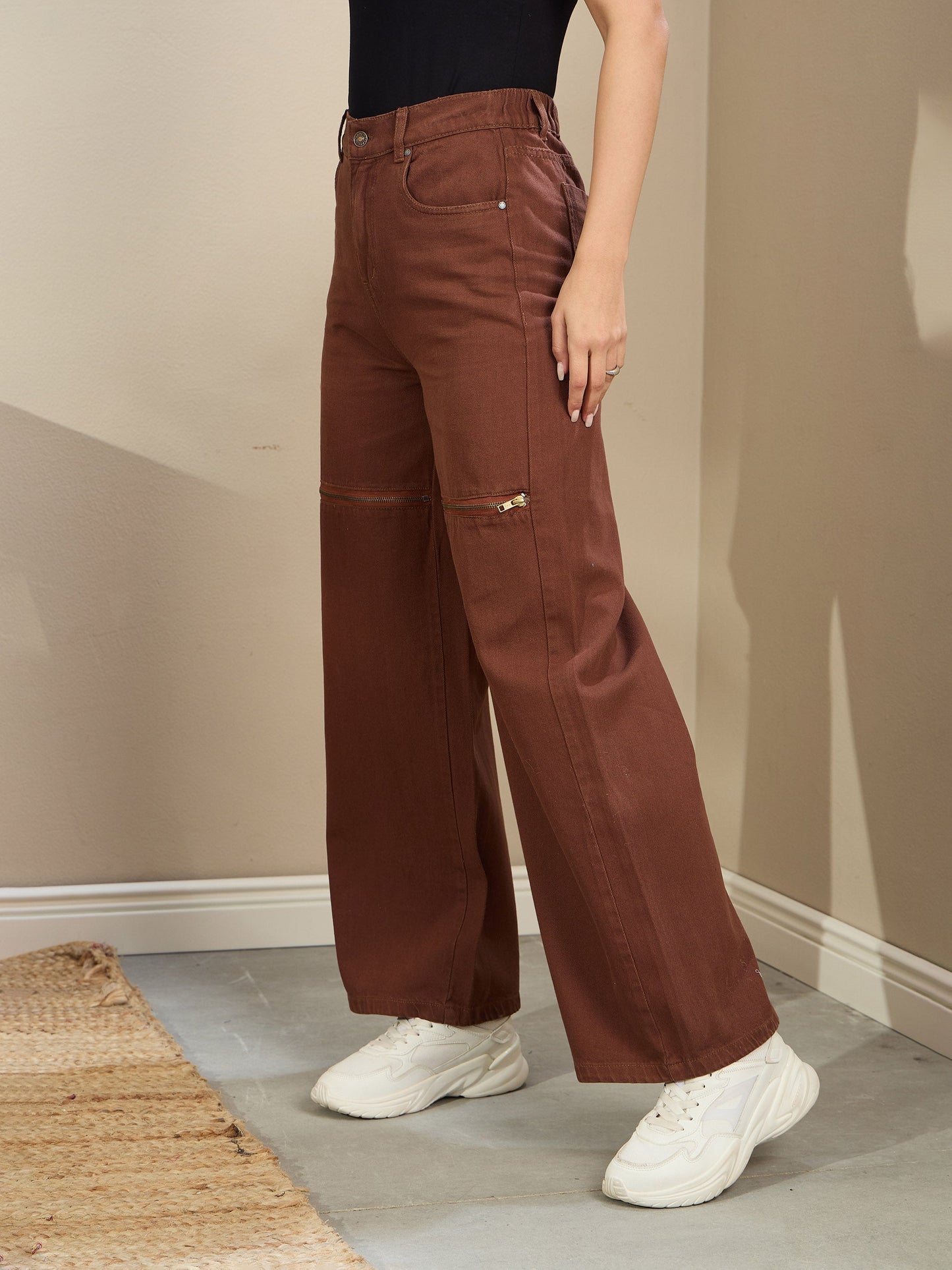 Brown Zipper Design Baggy Jeans