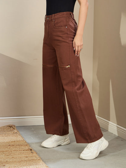 Brown Zipper Design Baggy Jeans
