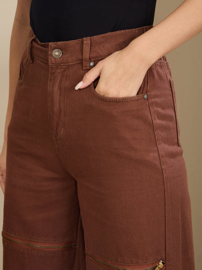 Brown Zipper Design Baggy Jeans