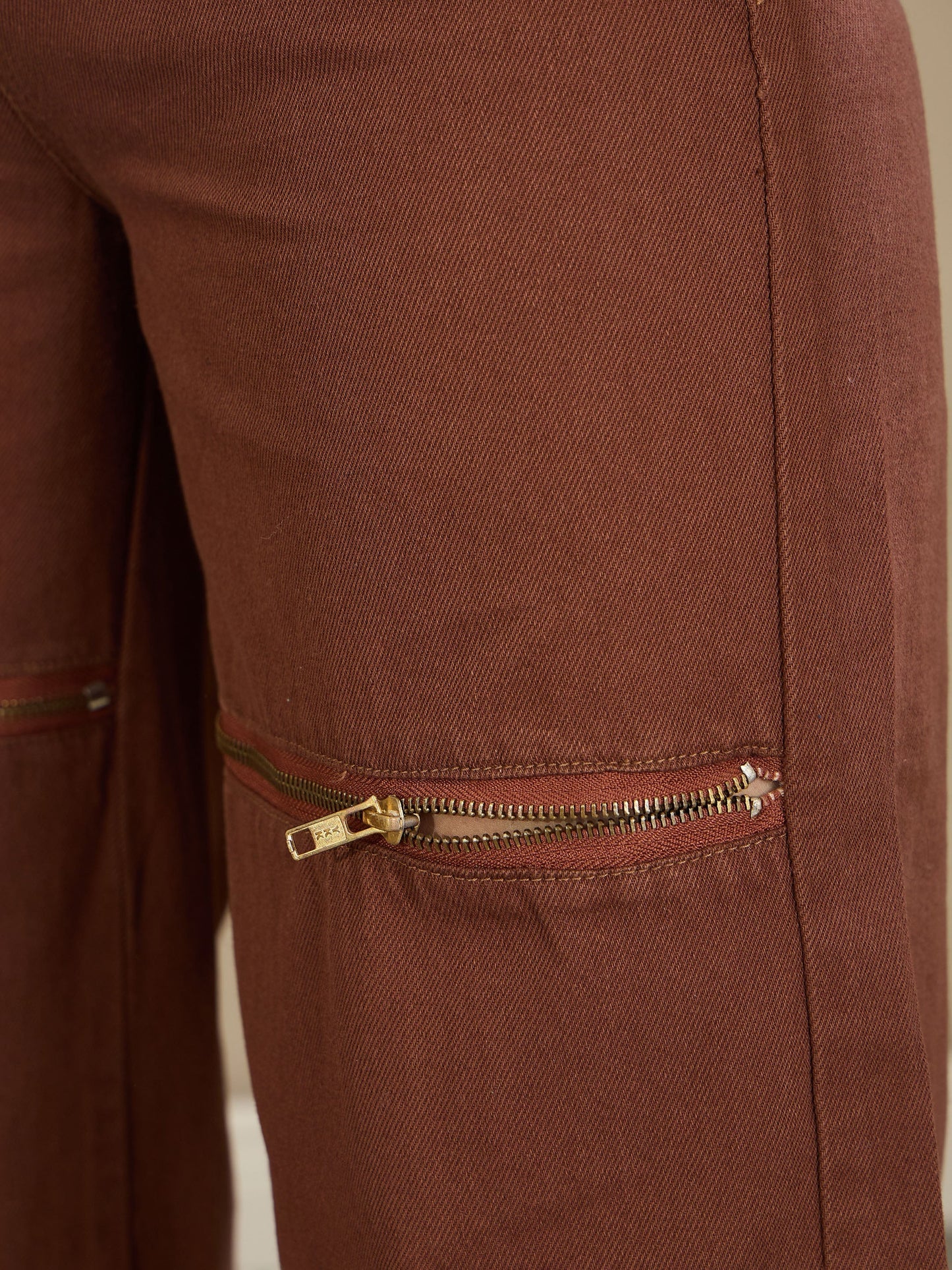 Brown Zipper Design Baggy Jeans