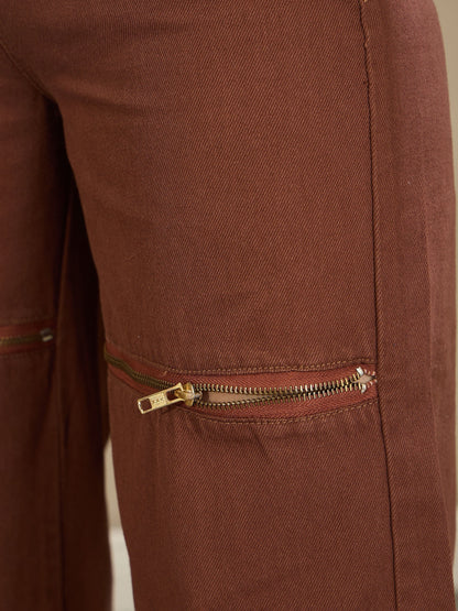 Brown Zipper Design Baggy Jeans