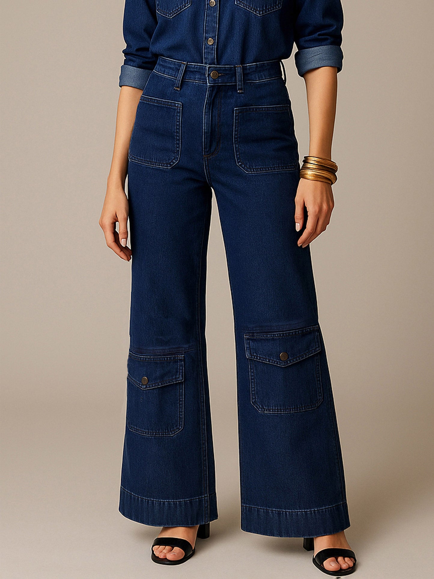 Navy Blue Multi Pocket Stretch Straight Jeans