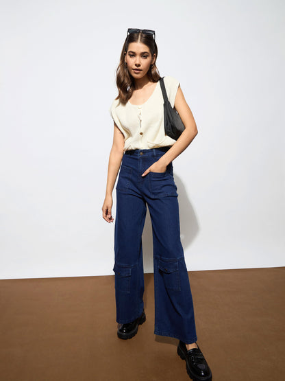 Navy Blue Multi Pocket Stretch Straight Jeans