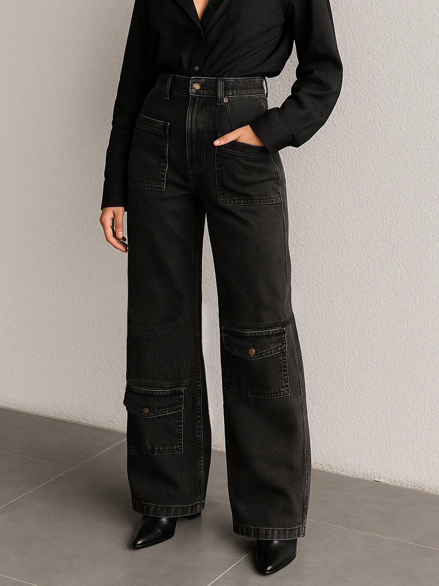 Black Wash Multi Pocket Stretch Straight Jeans