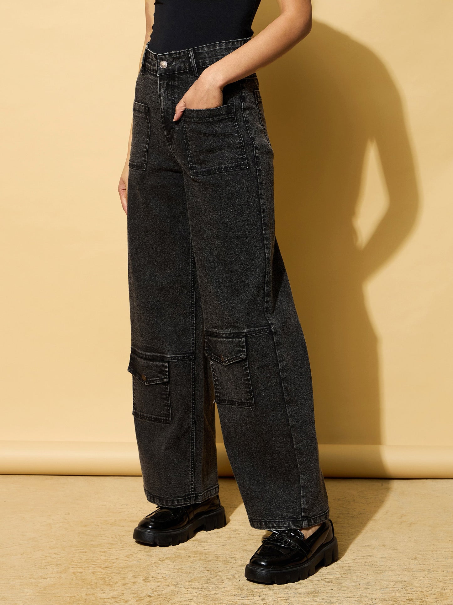 Black Wash Multi Pocket Stretch Straight Jeans