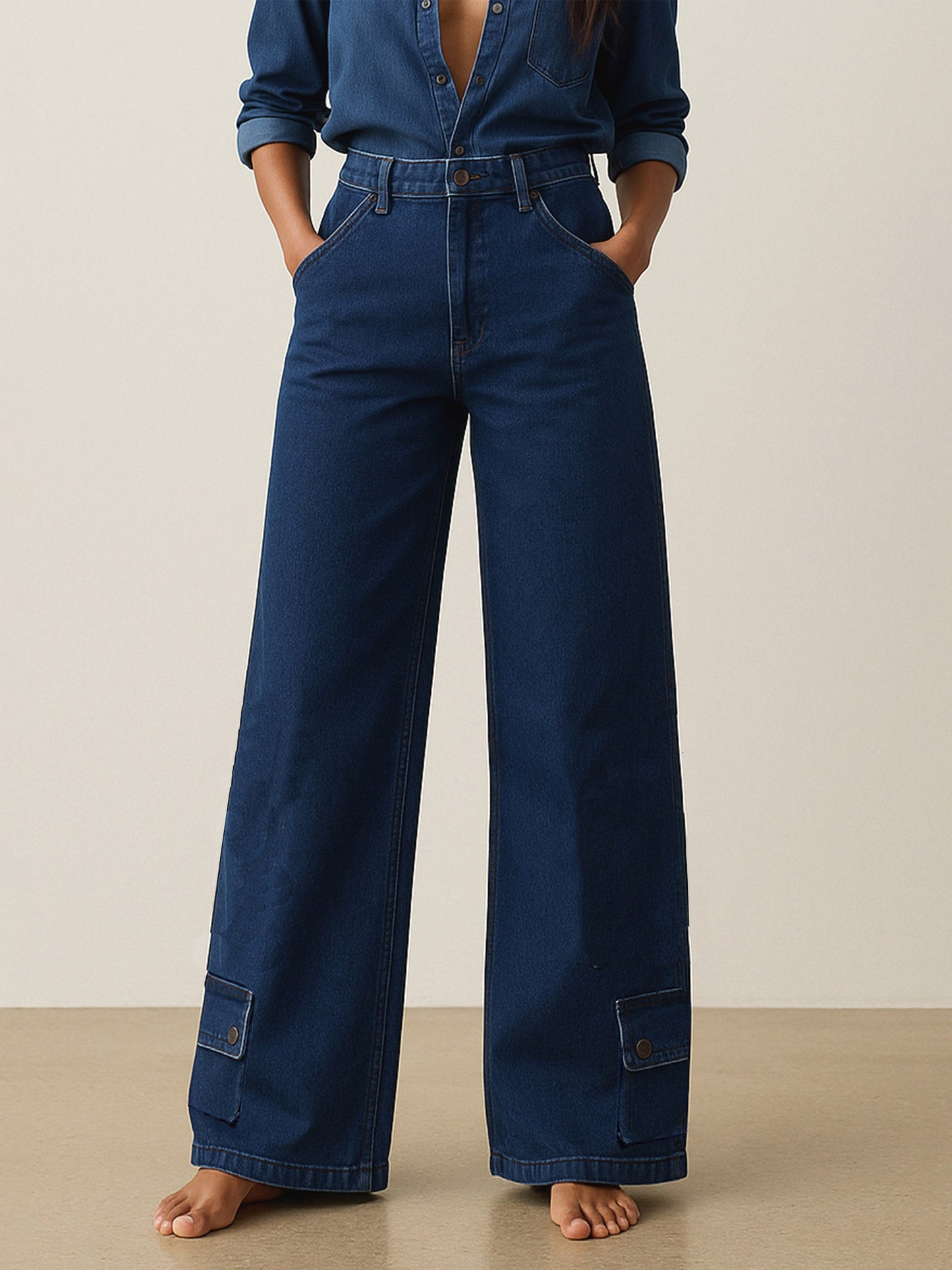 Blue Washed Hem Pocket Stretch Straight Jeans