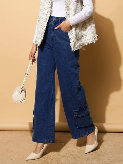 Blue Washed Hem Pocket Stretch Straight Jeans