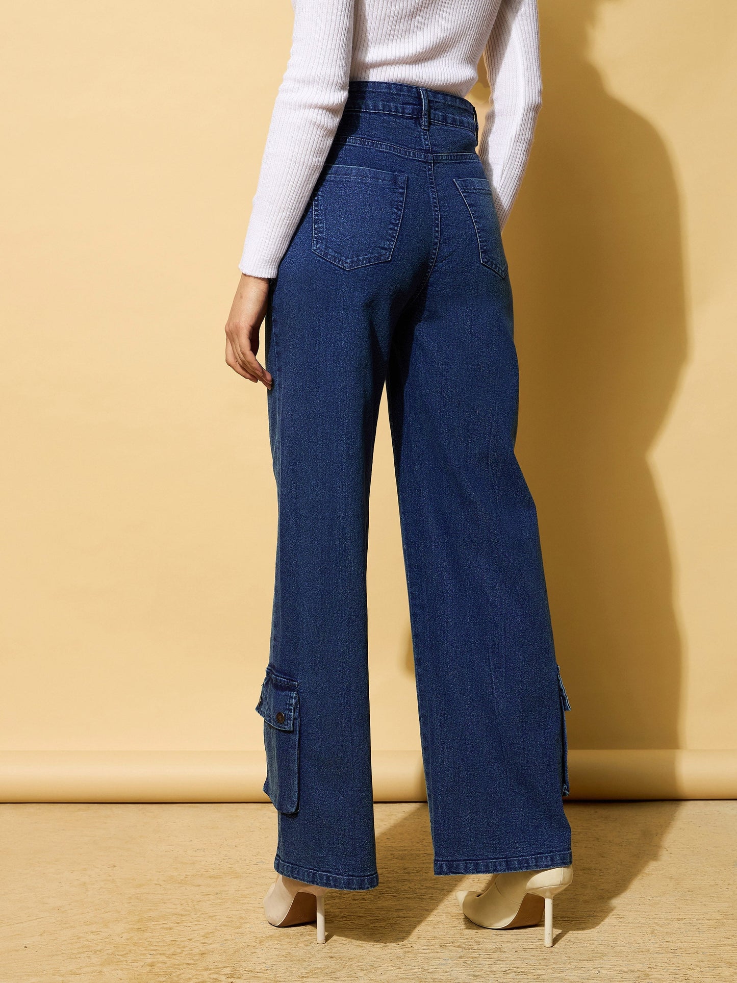 Blue Washed Hem Pocket Stretch Straight Jeans