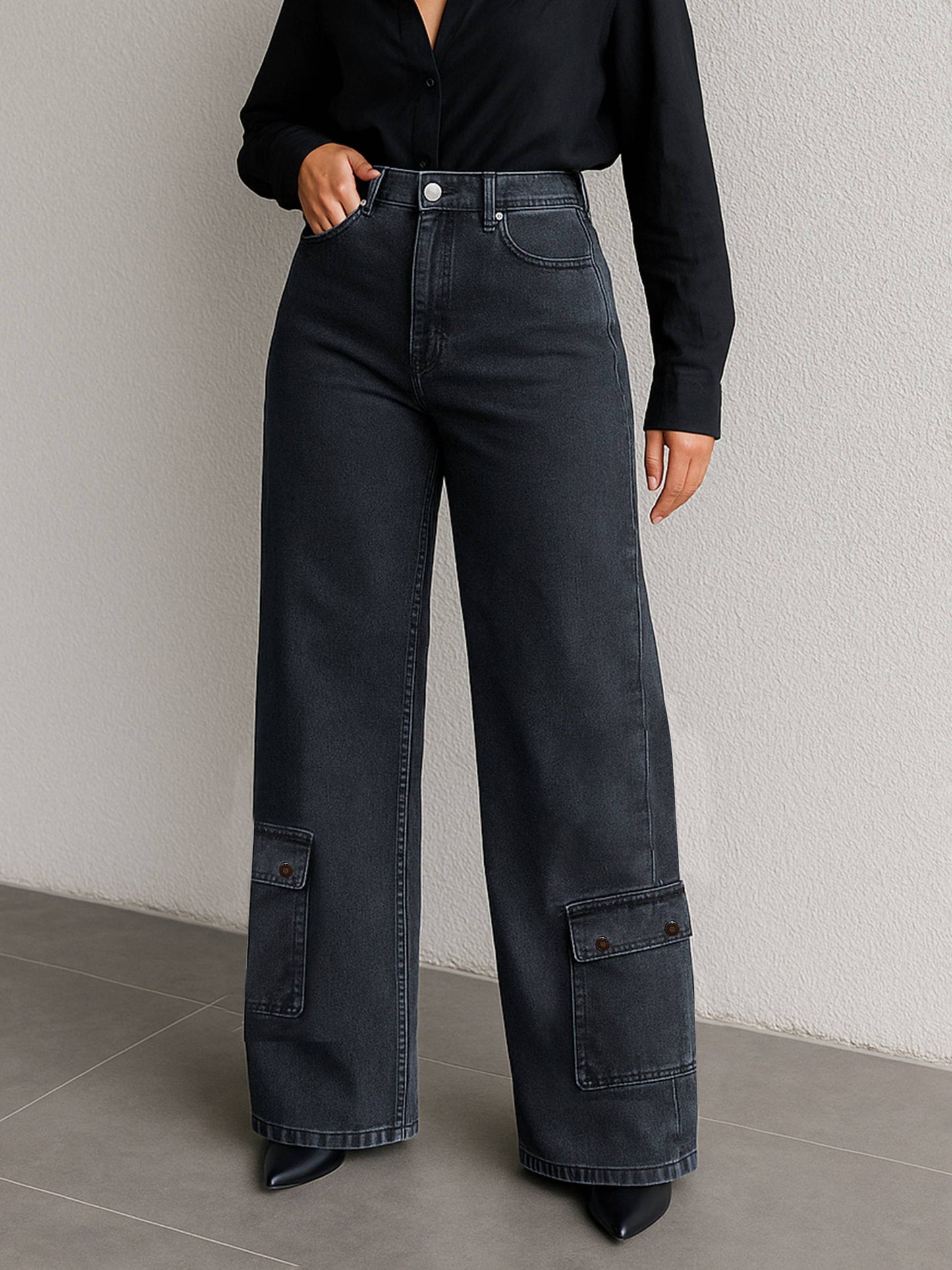 Black Washed Hem Pocket Stretch Straight Jeans